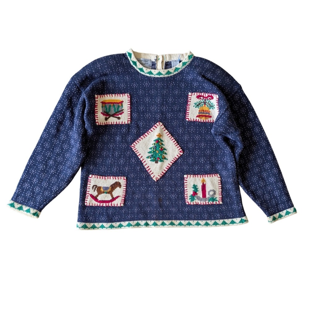 Vintage Northern Isles Christmas Sweater Hand Embroidered Blue Ramie Cotton- XL